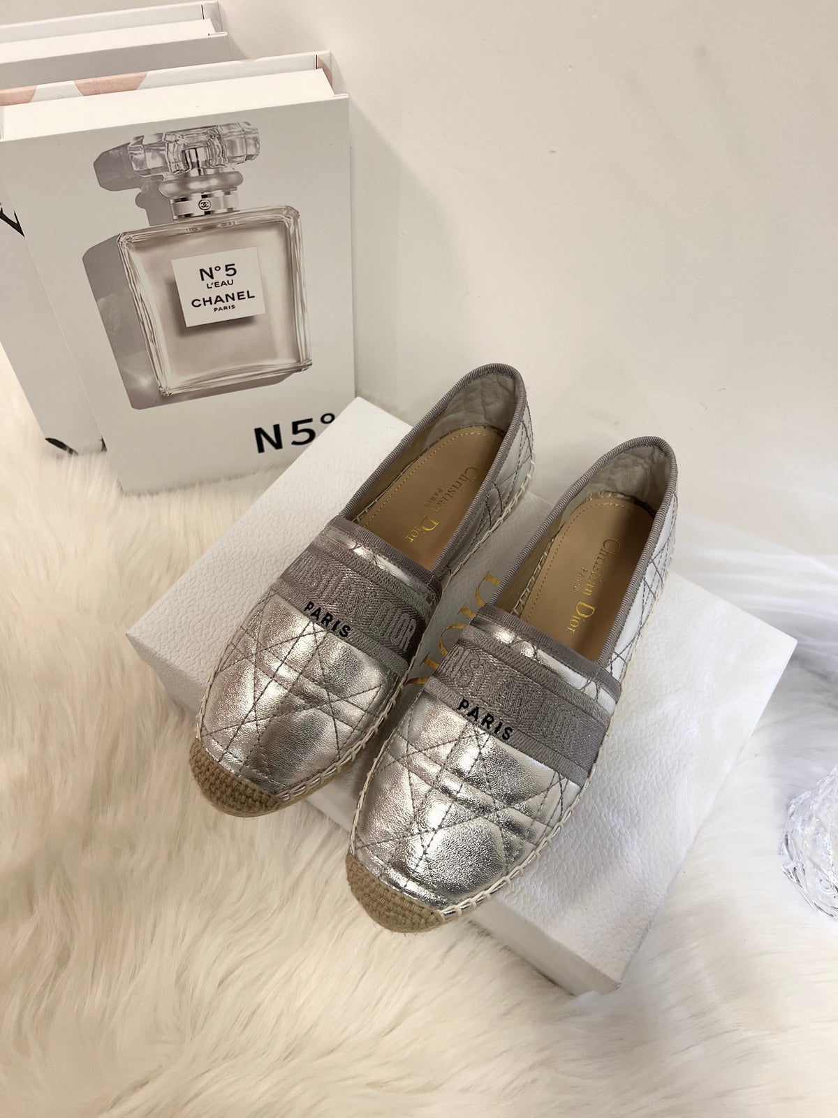 DIOR GRANVILLE ESPADRILLE SILVER QUILTED CANNAGE CALFSKIN