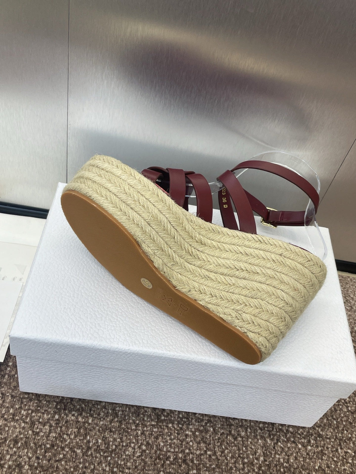 DIOR D-CLUB 25S HIGH HEEL WEDGE 100MM IN BURGUNDY RED CALFSKIN RAFFIA SOLE
